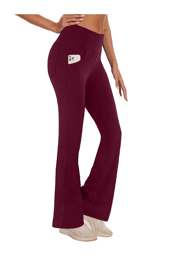 Womens Bootcut Yoga Pants with Pockets Flare Workout Legging High Waist Lightweight Bottoms Activewear Dark Red L