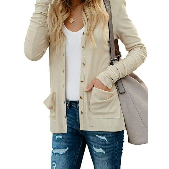 Hanerdun Women Button-Down Cardigan Sweaters Female Cardigan Outerwear Beige S