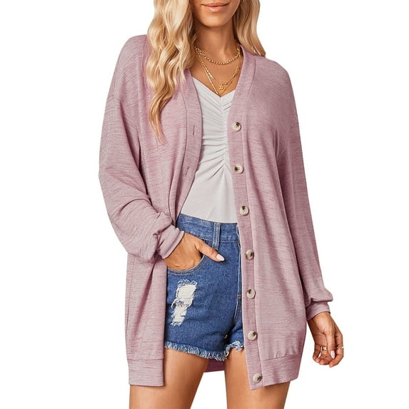 Hanerdun Women Cardigan Sweaters Female Long Sleeve Button-Down Cardigan Pink L