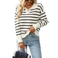 thumbnail image 1 of Hanerdun Women Casual Polo Sweaters Female Pullover Striped Knitwear Black XL, 1 of 5
