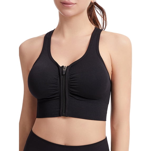 Hanerdun Women Front Zipper Workout Bras Female Cross Back Yoga Bra Black S