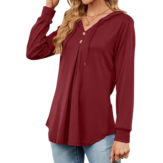 Hanerdun Women Hooded Blouses Female Button-Front Long Sleeve Top Red XL