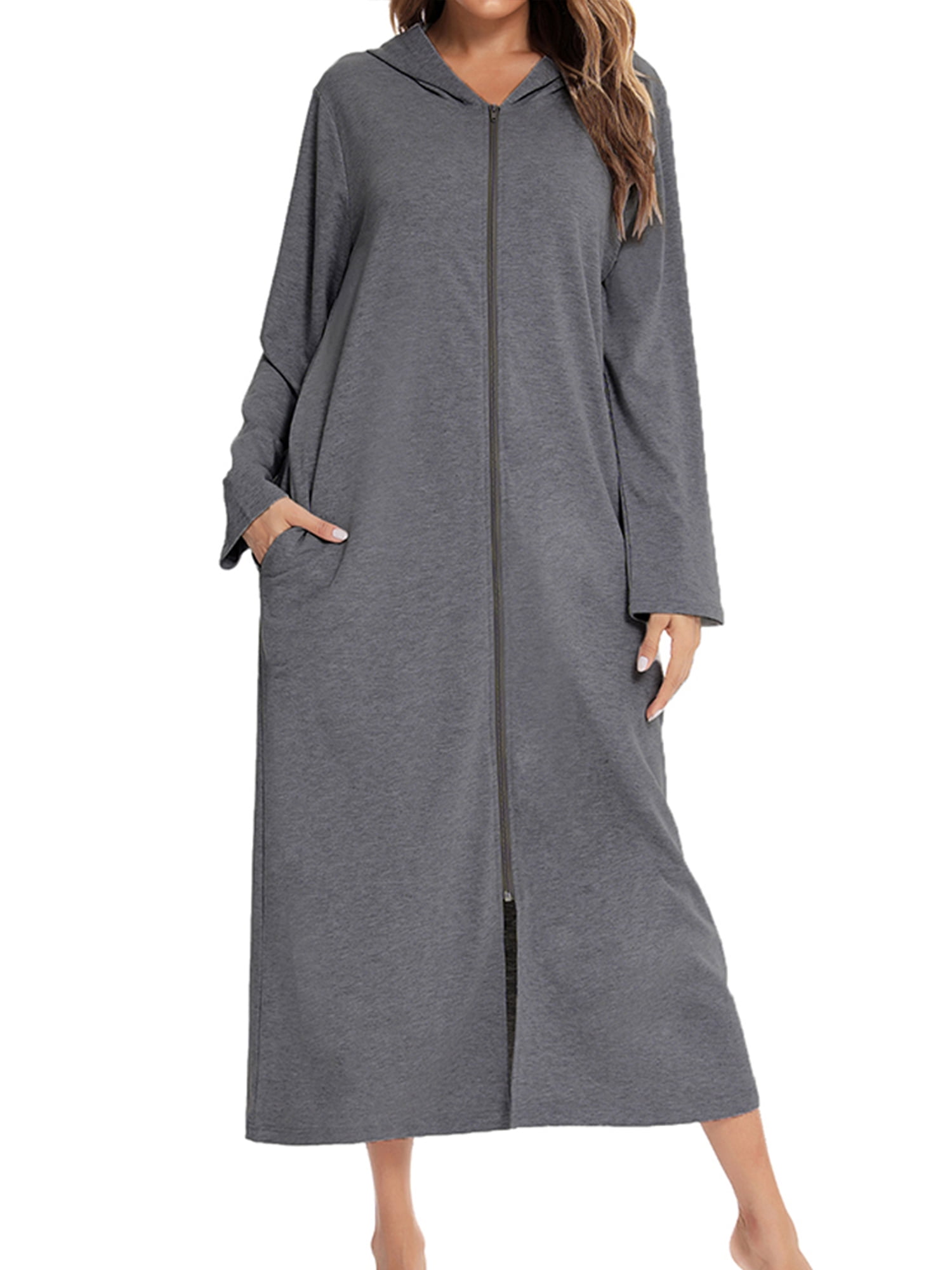 Hanerdun Women Hooded Nightgown Zipper Robe Female Long Sleeve Midi
