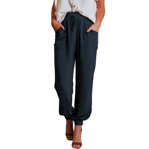 Hanerdun Women Jogger Female Leisure Pants with Elastic Waist Navy Blue M