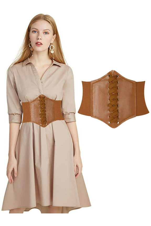 Women Lace-up Corset Waist Belt Stretch Wide Belts for Dress Cinch Waistband Tan XL
