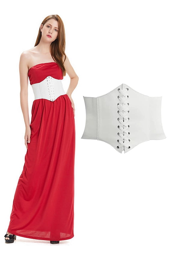 Women Lace-up Corset Waist Belt Stretch Wide Belts for Dress Cinch Waistband White S