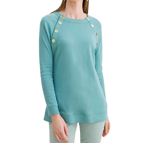 Hanerdun Women Long Sleeve Blouse Female Round Neck Button T-Shirt Sky Blue XL