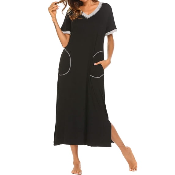 Hanerdun Women Nightgown Female Solid Color Midi Night Dresses Sleepwear Black M
