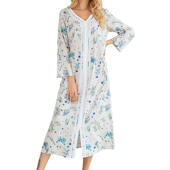 Hanerdun Women Nightgowns Female Long Sleeve Floral Sleep Dresses Beige 2XL