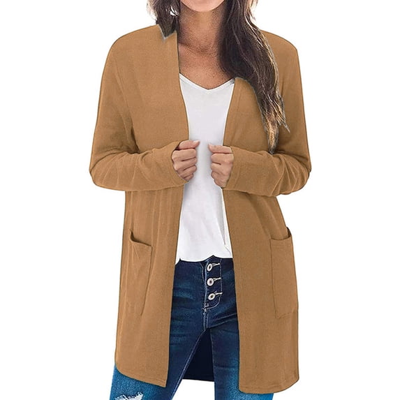 Hanerdun Women Open Front Cardigan Female Pocket Sweater Cardigans Light Brown L