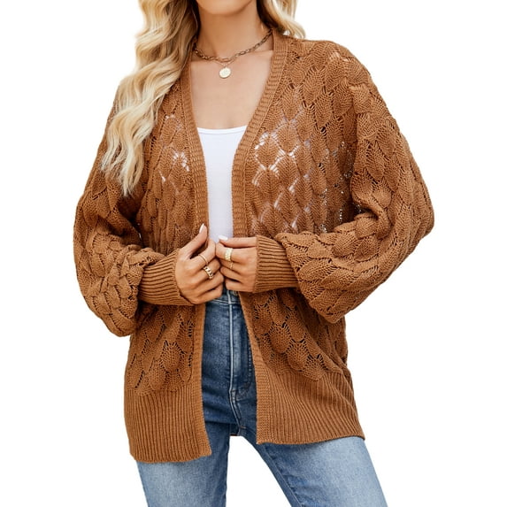 Hanerdun Women Open Front Cardigan Female Solid Cardigan Sweaters Brown XL