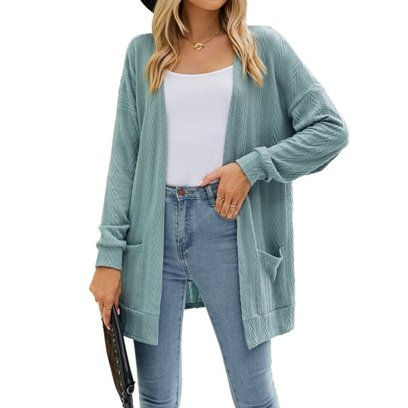 Hanerdun Women Open Front Cardigan Female Sweater Cardigans with Pocket Green 2XL