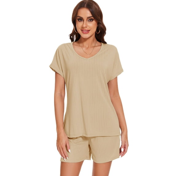 Hanerdun Women Pajama Pjs Set Female Short Sleeve Sleepwear Solid Nightwear Beige L