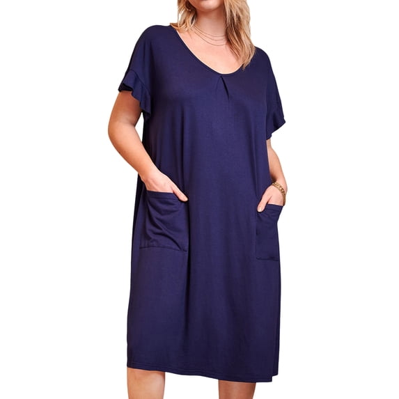 Hanerdun Women Plus Size Nightgowns Pocket Sleepshirt Female Home Dress Navy Blue 4X