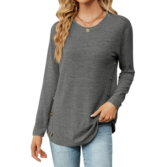 Hanerdun Women Pullover Blouse Female Crew Neck Long Sleeve Top Dark Gray M