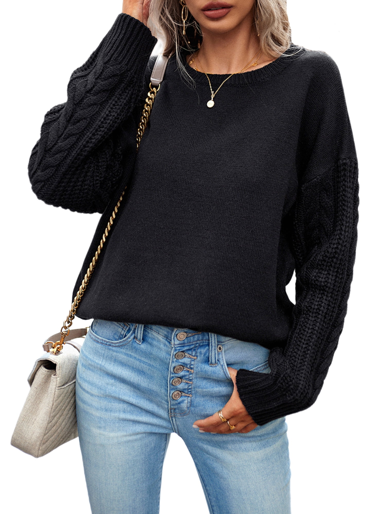 Hanerdun Women Knit Sweaters Long Sleeve Crew Neck Solid Sweater ...