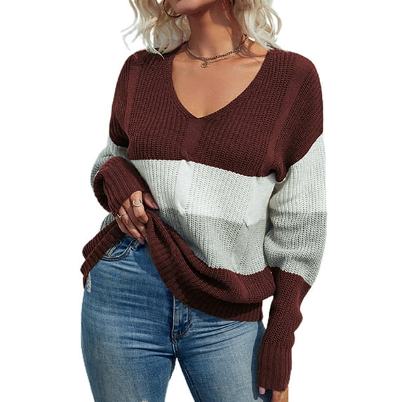 Hanerdun Women Pullover Sweater Female V-Neck Long Sleeve Knitwear Dark Red L