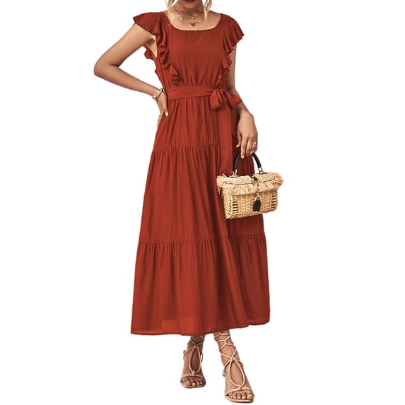 Hanerdun Women Ruffle Dresses Female Solid Color A-Line Midi Dress Red XL