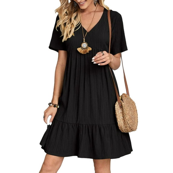 Hanerdun Women Ruffle Dresses Female Solid Color Mini Pleated Dress Black 3XL