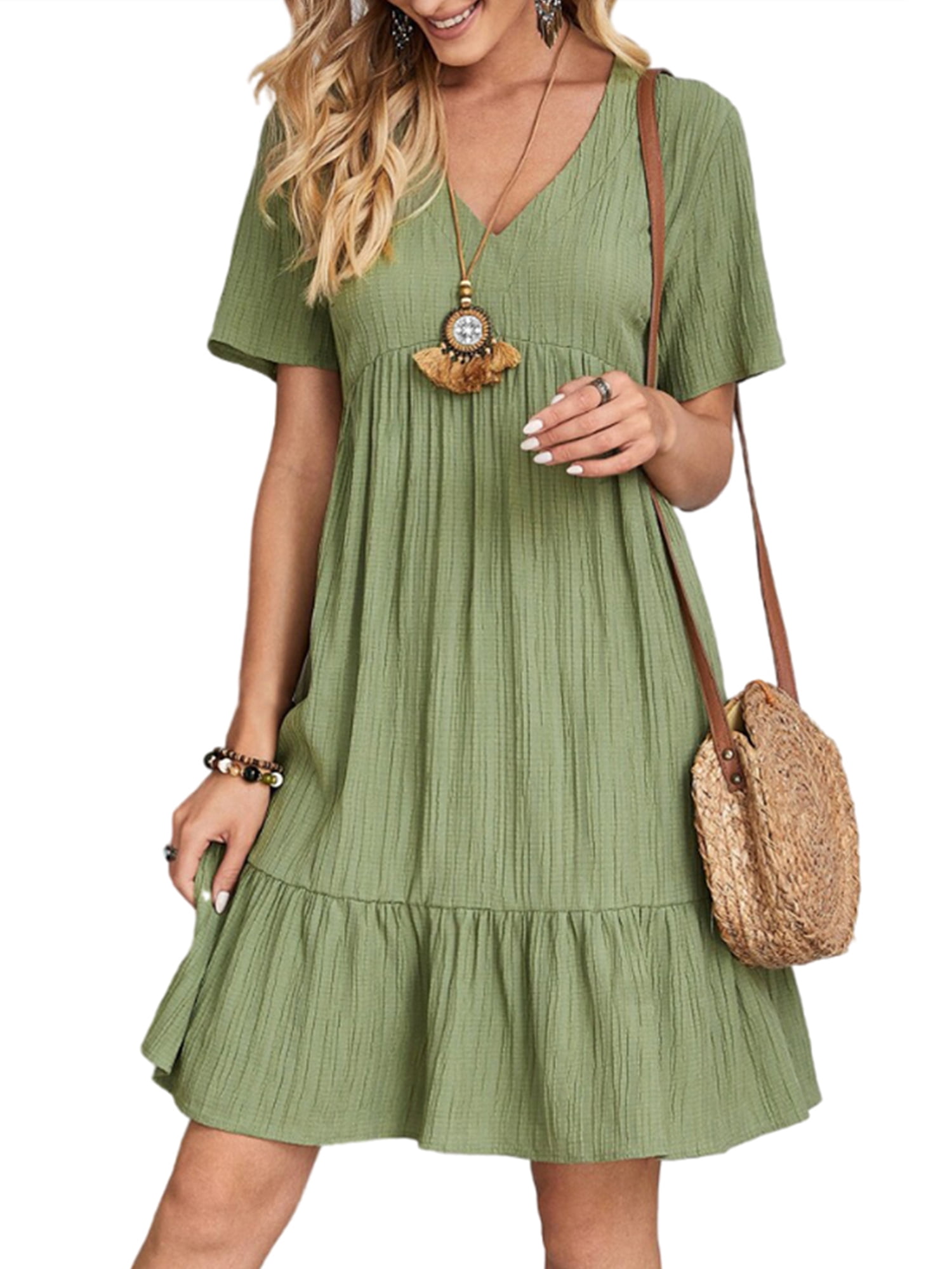 Hanerdun Women Ruffle Dresses Female Solid Color Mini Pleated Dress ...
