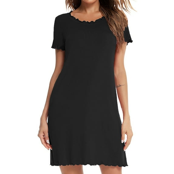 Hanerdun Women Ruffle Nightgown Homewear Female Crew Neck Sleep Dress Black L