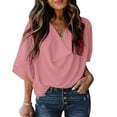 thumbnail image 1 of Hanerdun Women Short Sleeve Blouse Top Female V-Neck Ruched Shirt Pink XL, 1 of 5