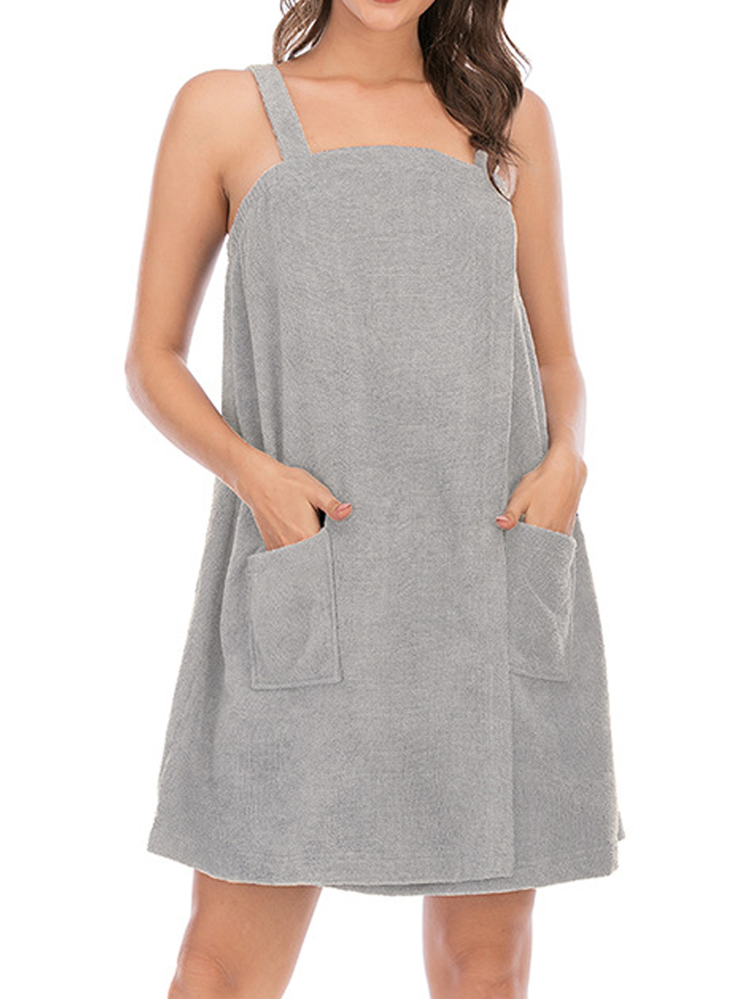 Hanerdun Women Sleeveless Bathrobe Female Square Neck Pocket Robe Gray