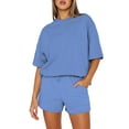 thumbnail image 1 of Hanerdun Women Solid Pajamas Set Female 2PCS Short Sleeve Sleepwear Nightwear Blue L, 1 of 5