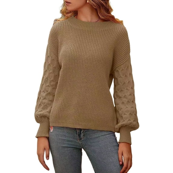 Hanerdun Women Solid Pullover Sweaters Female Casual Crew Neck Knitwear Brown L