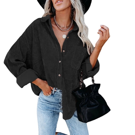 Hanerdun Women Solid Shacket Jacket Female Long Sleeve Button Blouse Blue M