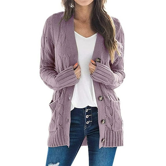 Hanerdun Women Sweater Cardigan Female Solid Button-Up Knit Cardigans Purple XL
