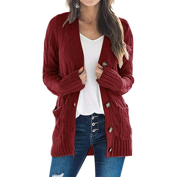 Hanerdun Women Sweater Cardigan Female Solid Button-Up Knit Cardigans Red M