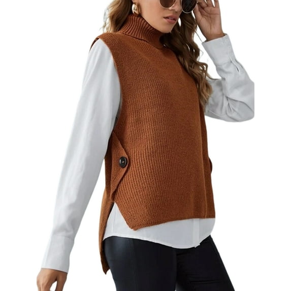 Hanerdun Women Sweater Vests Female Pullover Knit Waistcoat Brown L
