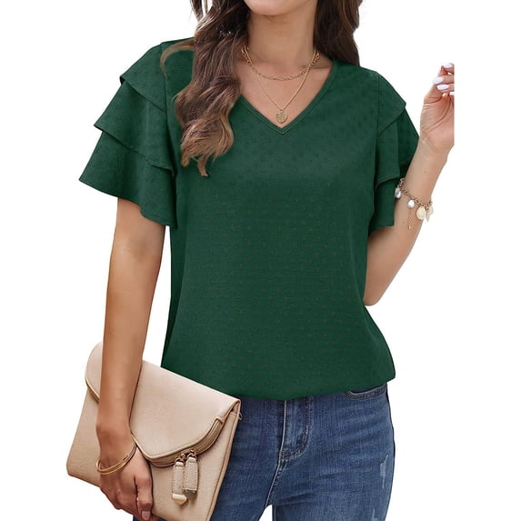 Hanerdun Women V Neck Blouse Female Ruffled Sleeve Tops Casual T-Shirt Green S