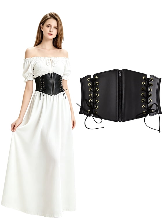 Women Waist Belt with Zipper Elastic Corset Lacing Wide Belts for Dress Waistband Black L