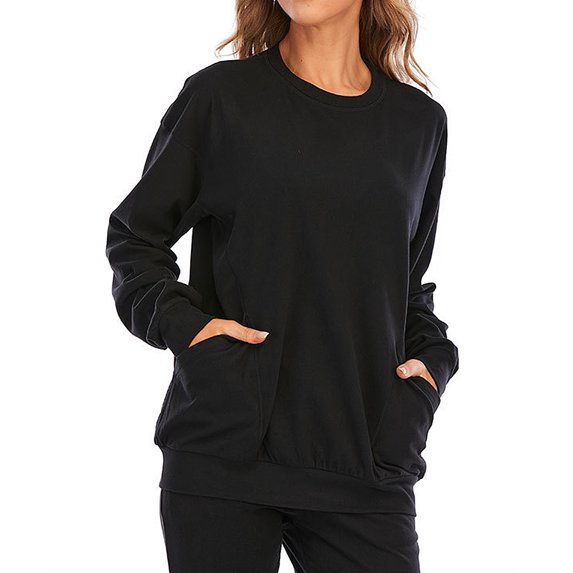 Hanerdun Women Warm Blouse with Pockets Female Crew Neck Long Sleeve Pullover Shirt Black XL