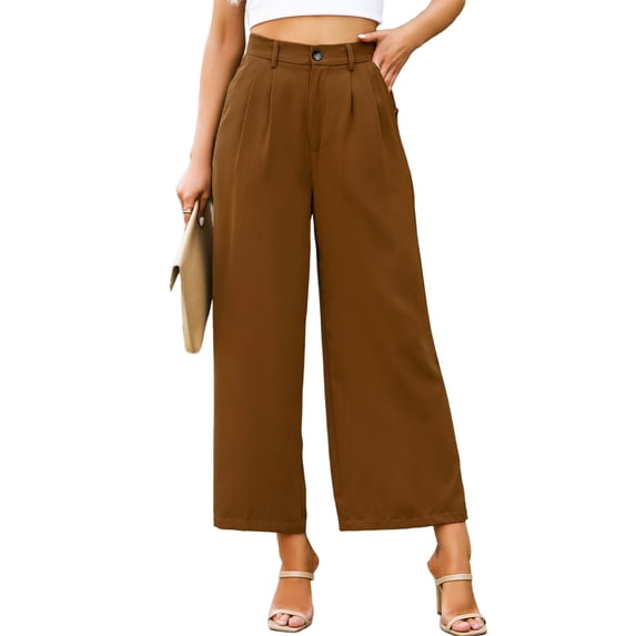 Hanerdun Women Wide Leg Suit Pants Female Elastic Waist Bottoms Trousers Brown XL