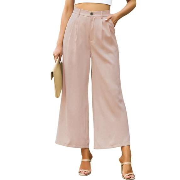 Hanerdun Women Wide Leg Suit Pants Female Elastic Waist Bottoms Trousers Pink L