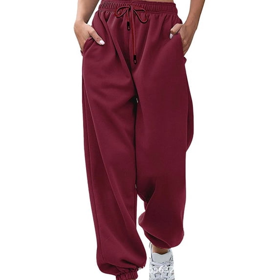 Hanerdun Women Workout Pants Female Solid Joggers Running Pant Dark Red S