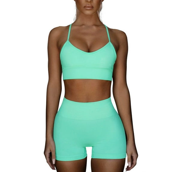 Hanerdun Women Workout Set Female 2 Piece Yoga Outfits High Waist Shorts Sport Bra Tracksuits Green M