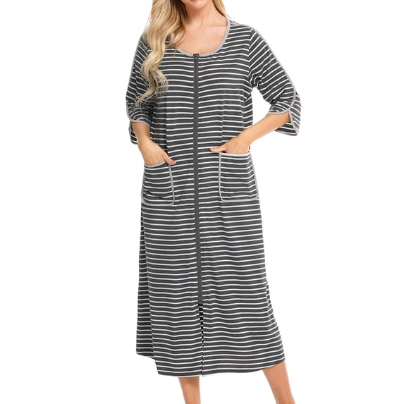 Hanerdun Women Zipper Nightgown Female 3/4 Sleeve Striped Robe with Pocket Dark Gray M