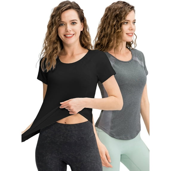 Hanerdun Womens Workout Tops Short Sleeve Athletic Shirts Quick Dry Yoga Running Top 2PCS XL