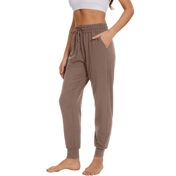 Hanerdun Womens Sweatpants with Pockets Ankle Elastic Waist Yoga Athletic Joggers Activewear Brwon L