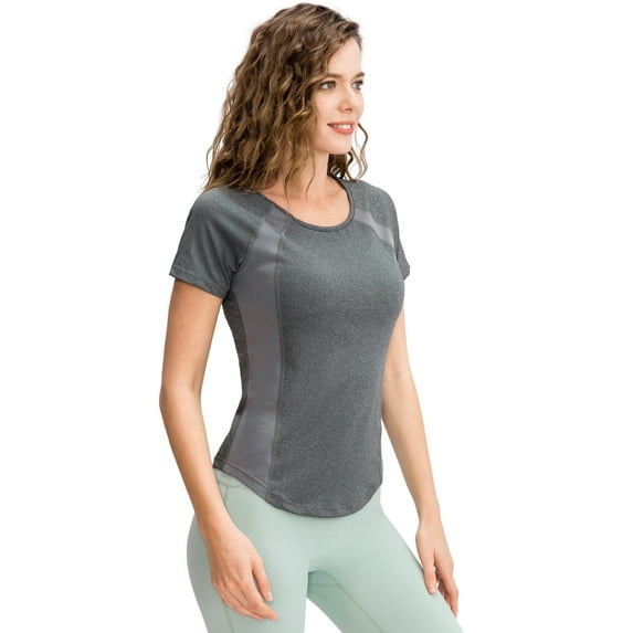 Hanerdun Womens Athletic Workout Shirts Quick Dry Yoga Tops Short Sleeve Tees Gray M