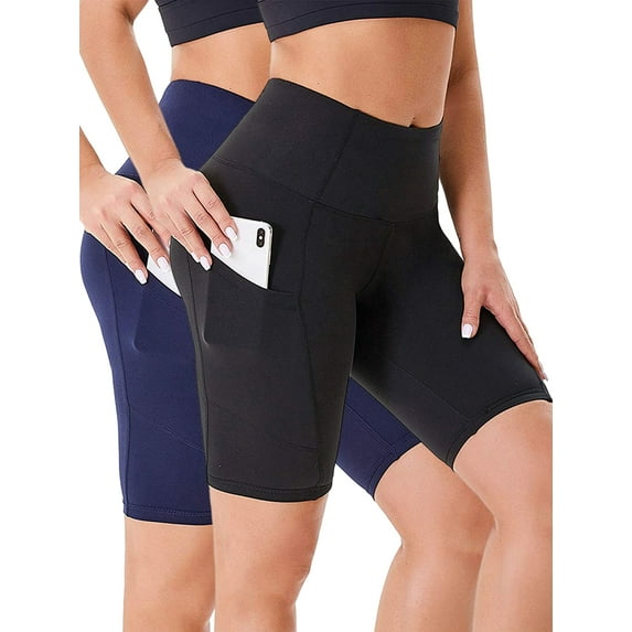 Hanerdun Womens 2PCS Athletic Shorts High Waist Pocket Yoga Leggings Running Bottoms Black/Blue M