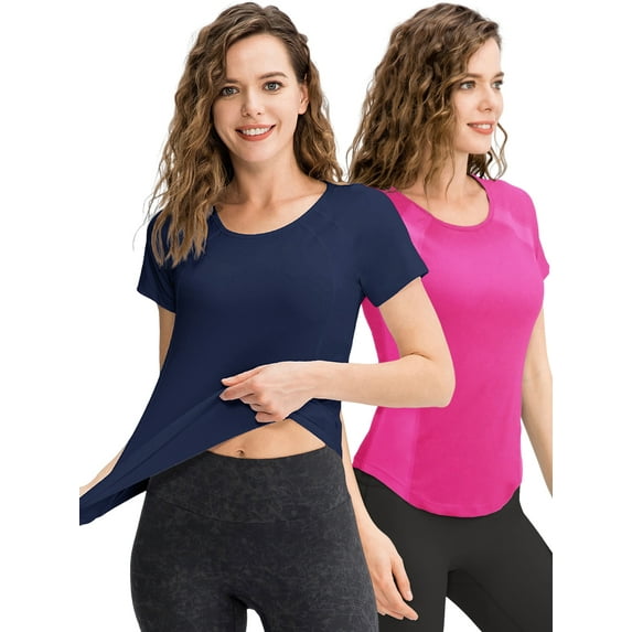 Hanerdun Womens Short Sleeve Quick Dry Shirts Tops for Workout Athletic Yoga Running Activewear 2PCS M