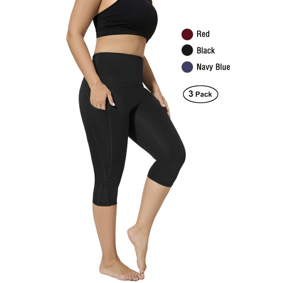 Hanerdun Womens 3PCS Yoga Pants High Waist Pocket Capri Workout Leggings Running Bottom Activewear Black/Navy Blue/Red L