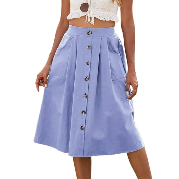 Hanerdun Womens A-Line Skirts Casual Elastic Waist Midi Skirt with Pockets Light Blue M