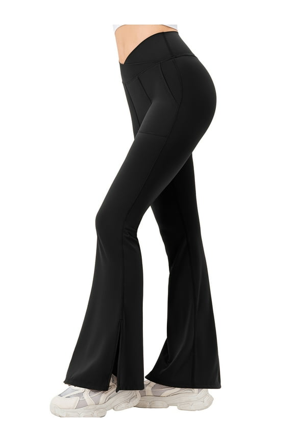 Womens Flare Yoga Pants Workout Leggings Slit Hem High Waist Bootcut Bottoms Activewear Black 2XL