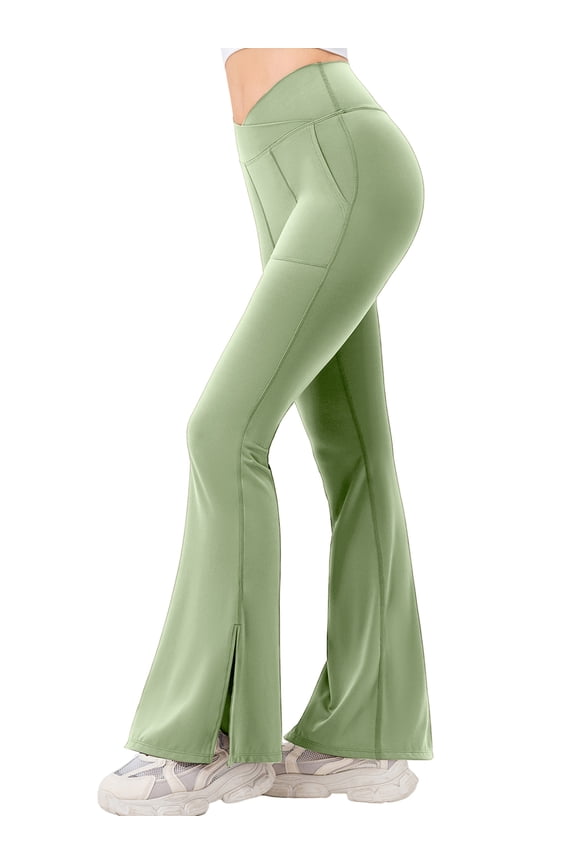Womens Flare Yoga Pants Workout Leggings High Waist Slit Hem Bootcut Bottoms Activewear Green M